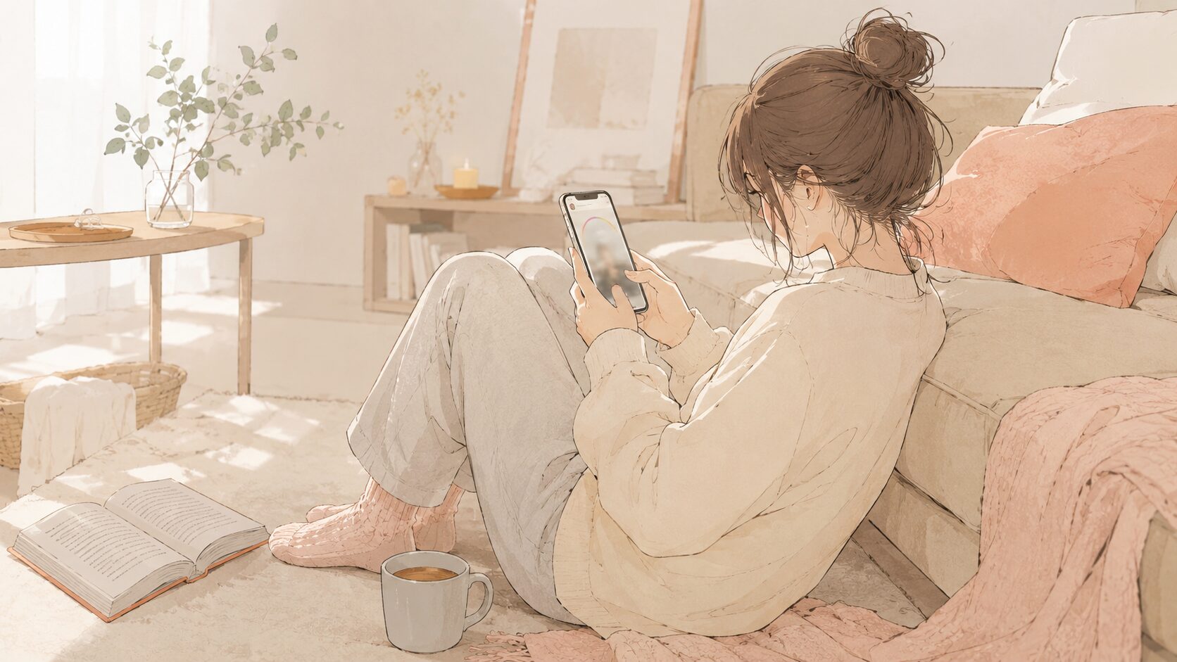 明るい部屋のソファでスマートフォンを見つめる女性｜SNSのストーリーから目が離せない様子
