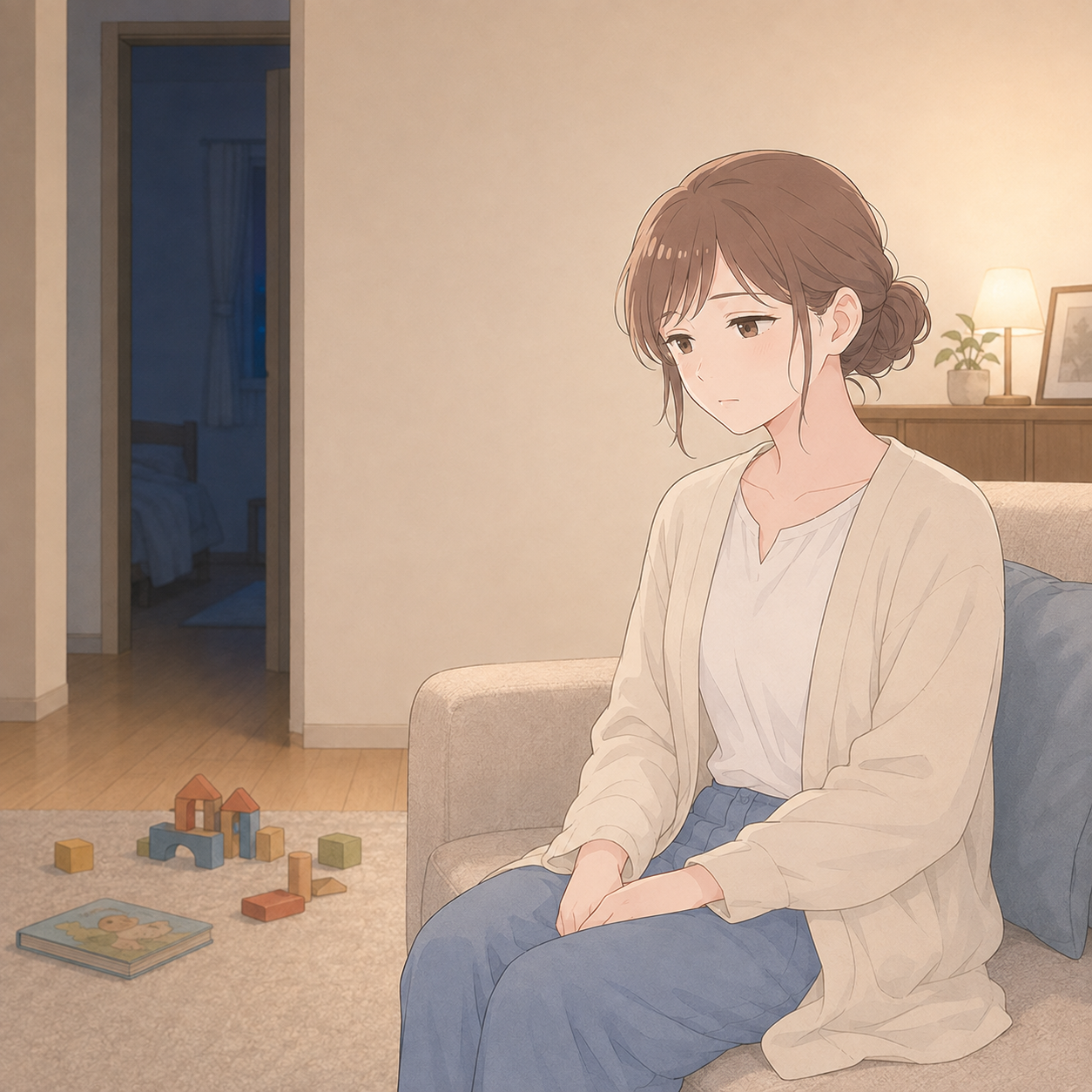 不登校の子どもへの接し方を考え、静かに悩む保護者のイラスト