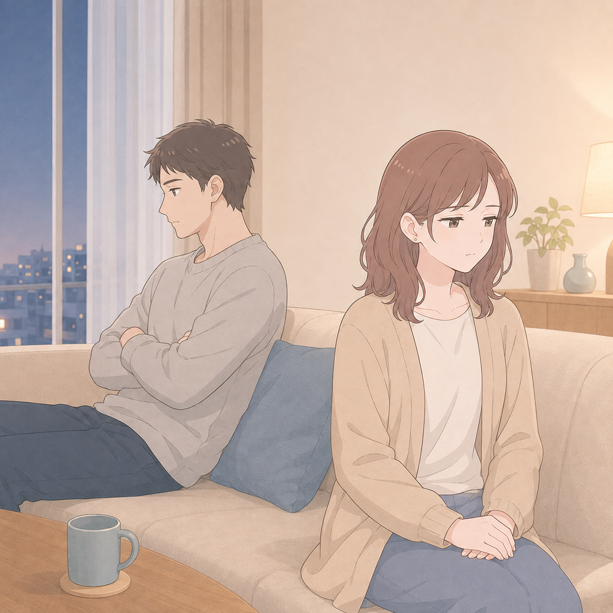 夫婦関係を続けるか離れるかの分かれ道で、一人静かに考えている成人のイラスト