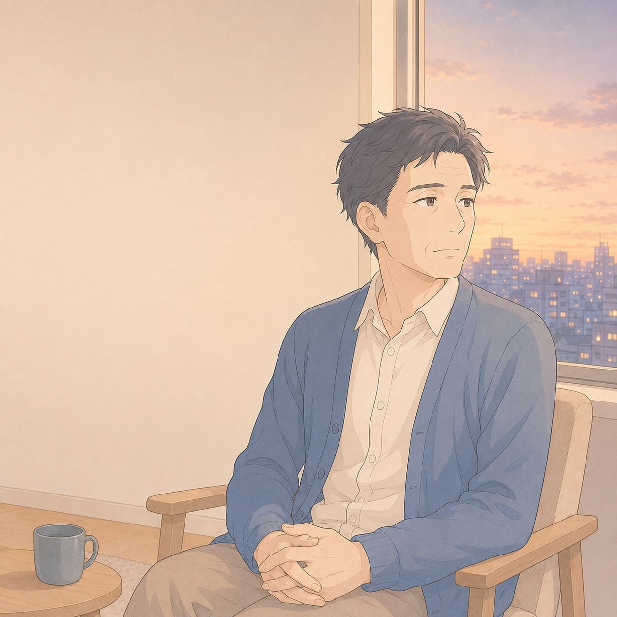 病気のことを家族に弱音として言えず、静かな部屋で一人考えている成人のイラスト