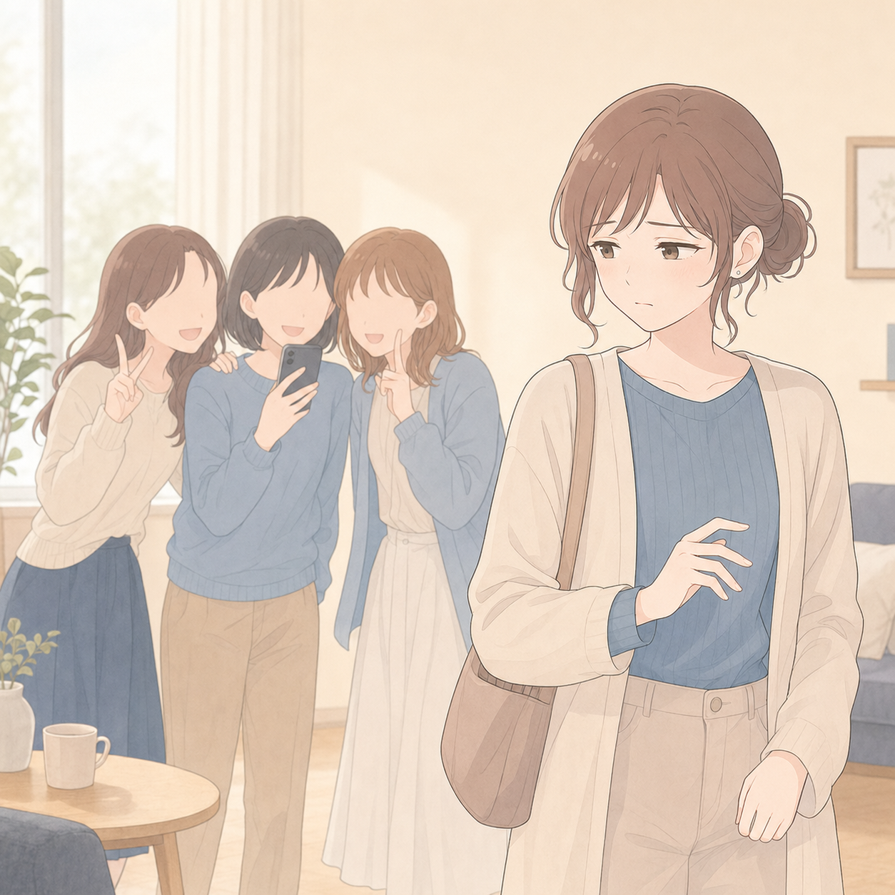 鏡を見ることへのためらいと外見への不安を抱える人物のイラスト