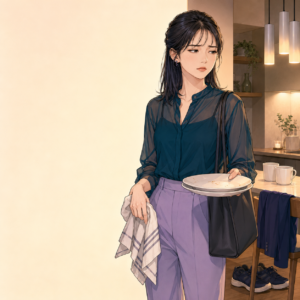 仕事から帰った後、二人分の食器と彼氏の脱いだ上着を前に、一人で片づける若い成人女性のイメージ