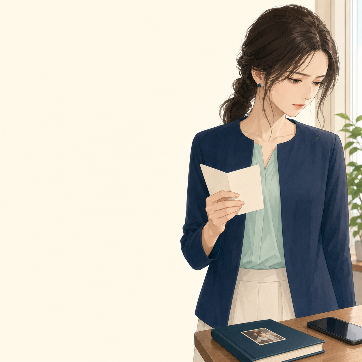 同窓会の招待状と学生時代のアルバムを前に、参加するか決められずにいる成人女性のイメージ