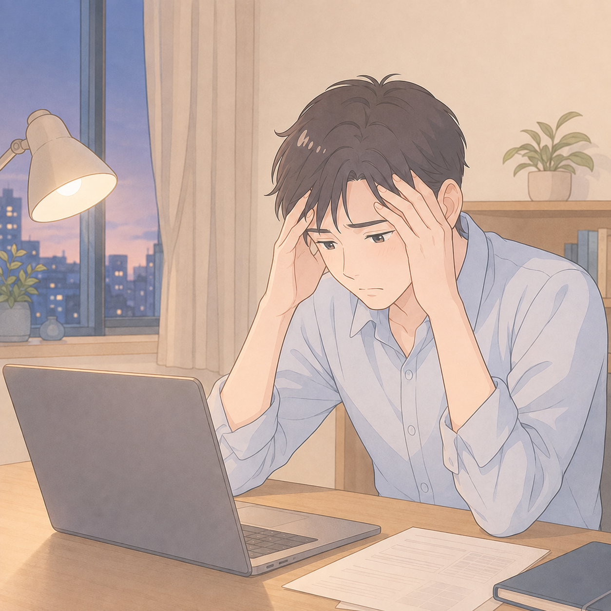 仕事のミスを帰宅後も引きずり、閉じたノートパソコンのそばで考え込む成人のイラスト