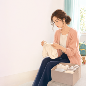 子どもの小さなリュックを前に、二人目を迎えるか家族の将来を考える父親のイメージ