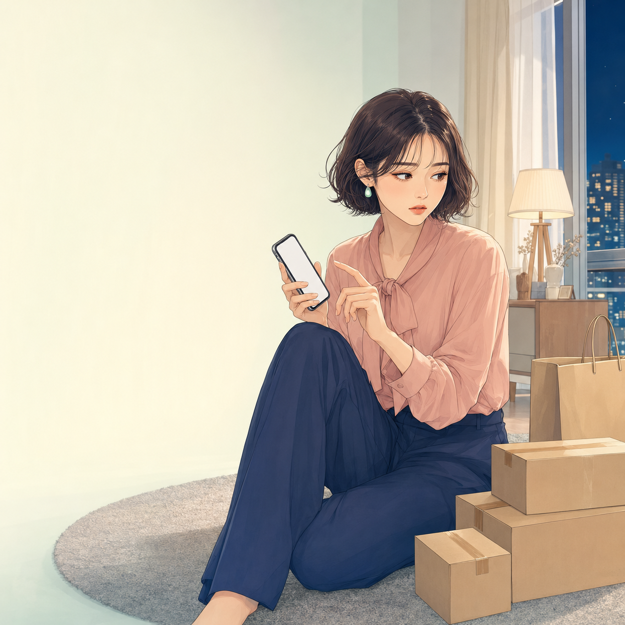 夜の自宅で未開封の配送箱を前に、スマートフォンから新たな注文をするか迷う若い成人女性のイメージ
