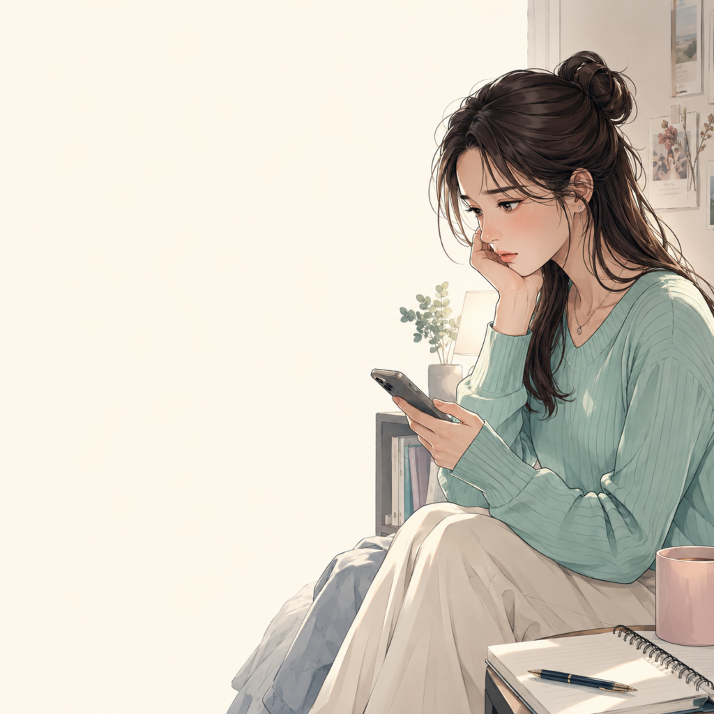 妊活の予定を書いたノートを前に、夫へ弱音を言えず一人で考え込む若い成人女性のイメージ