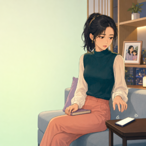 自宅で親からの着信にすぐ出るか迷い、スマートフォンから手を離す若い成人女性のイメージ
