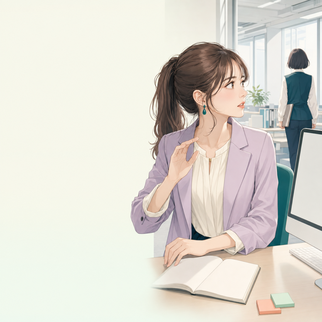 職場で質問のために手を上げかけたものの、先輩が立ち去り声をかけられずにいる若い成人女性のイメージ