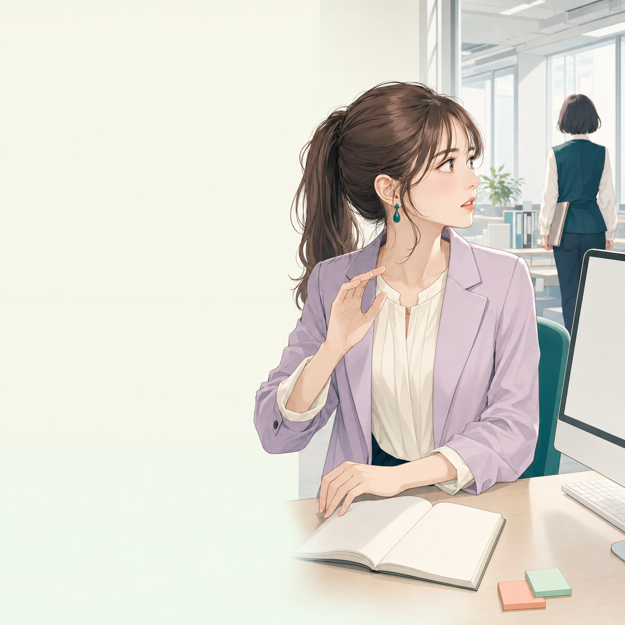 職場で質問のために手を上げかけたものの、先輩が立ち去り声をかけられずにいる若い成人女性のイメージ