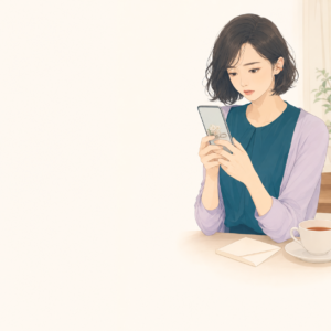 友達の結婚報告が届いたスマートフォンを前に、祝福の返信を打てずにいる若い成人女性のイメージ