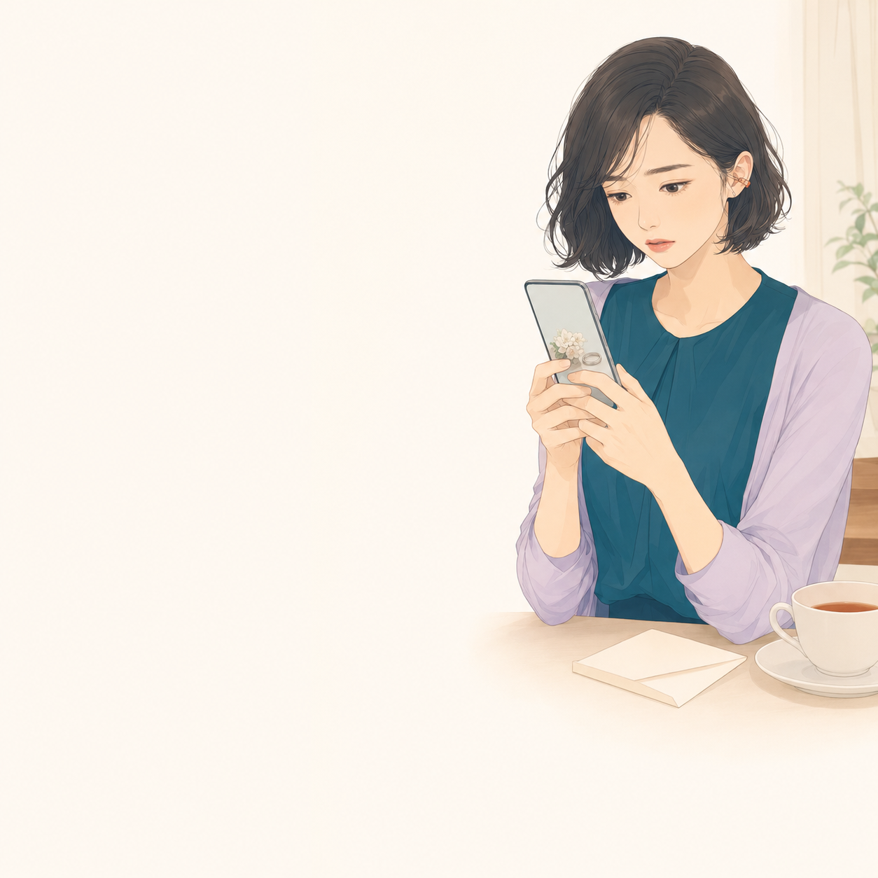 友達の結婚報告が届いたスマートフォンを前に、祝福の返信を打てずにいる若い成人女性のイメージ