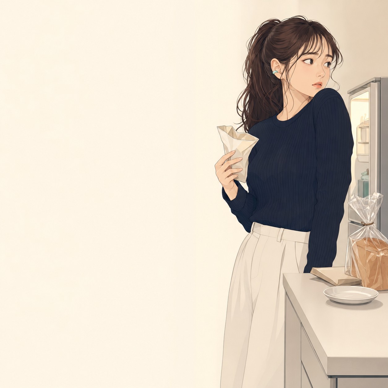 深夜のキッチンで食べ物の包装を前に、家族へ気づかれないよう気配をうかがう若い成人女性のイメージ