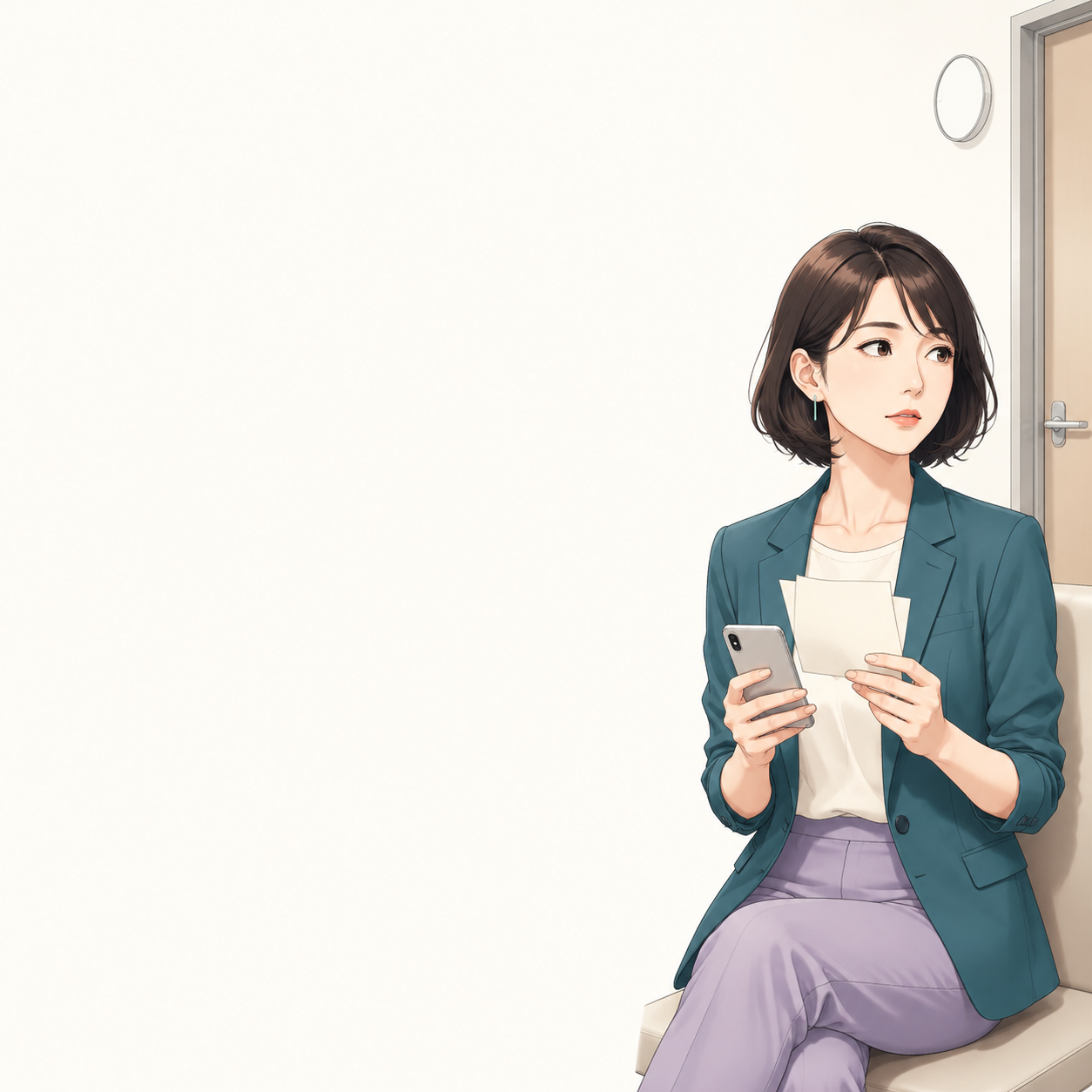 病院の結果説明を待つ明るい廊下で、予約票とスマートフォンを握り診察室前に座る成人女性のイメージ
