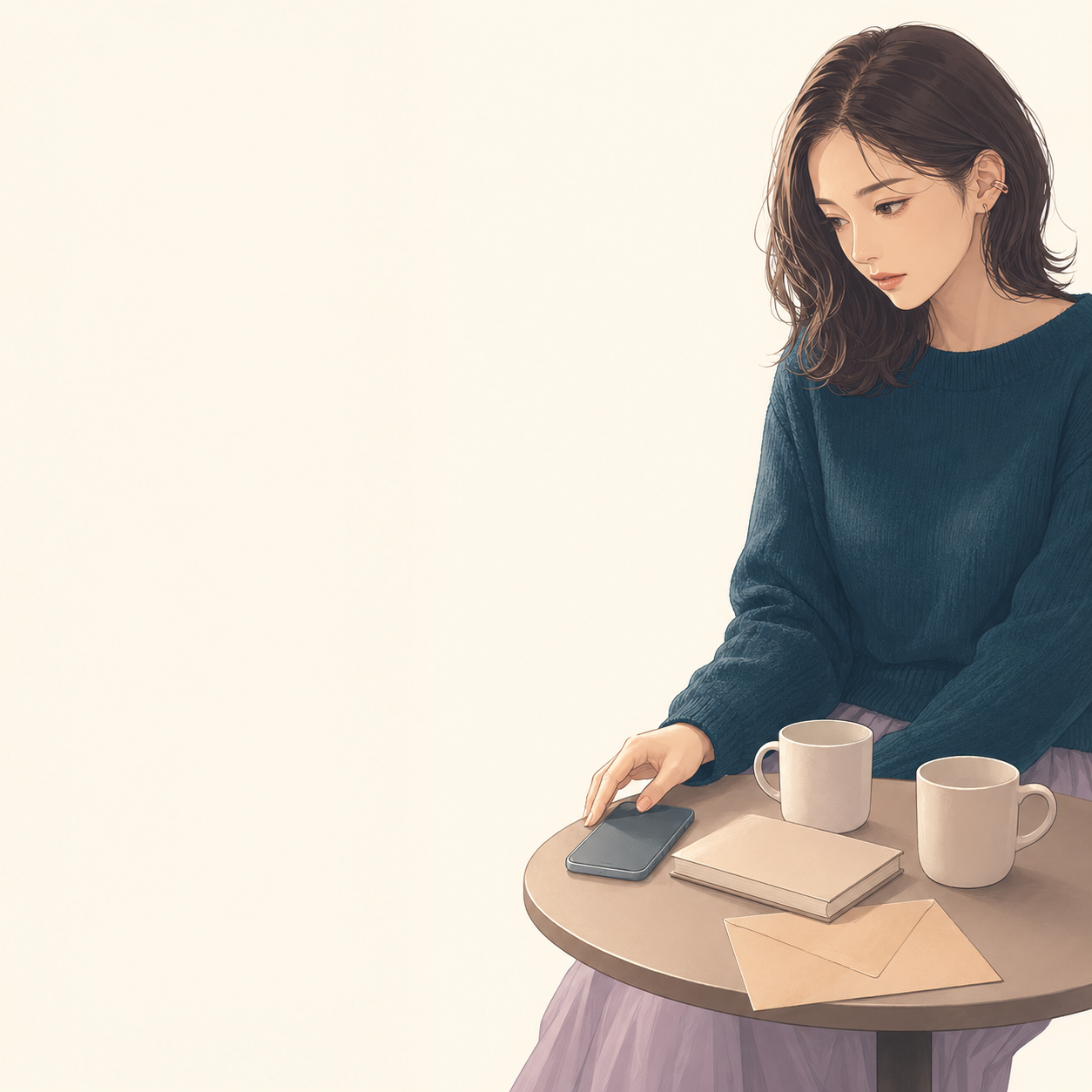 二人分のマグカップと将来の予定を書けない手帳を前に、結婚の話を切り出せずにいる若い成人女性のイメージ
