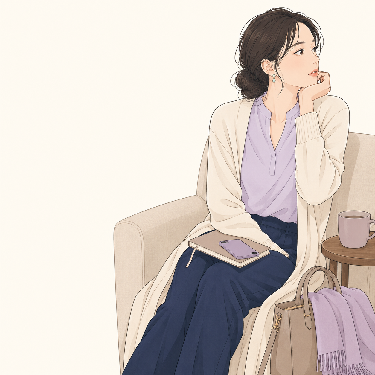休日の昼、外出用バッグと未記入の手帳を前に、ソファから動けずにいる若い成人女性のイメージ
