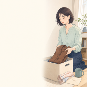 亡くなった人の服と日用品を入れた箱を前に、手放せず静かに手を止める若い成人女性のイメージ