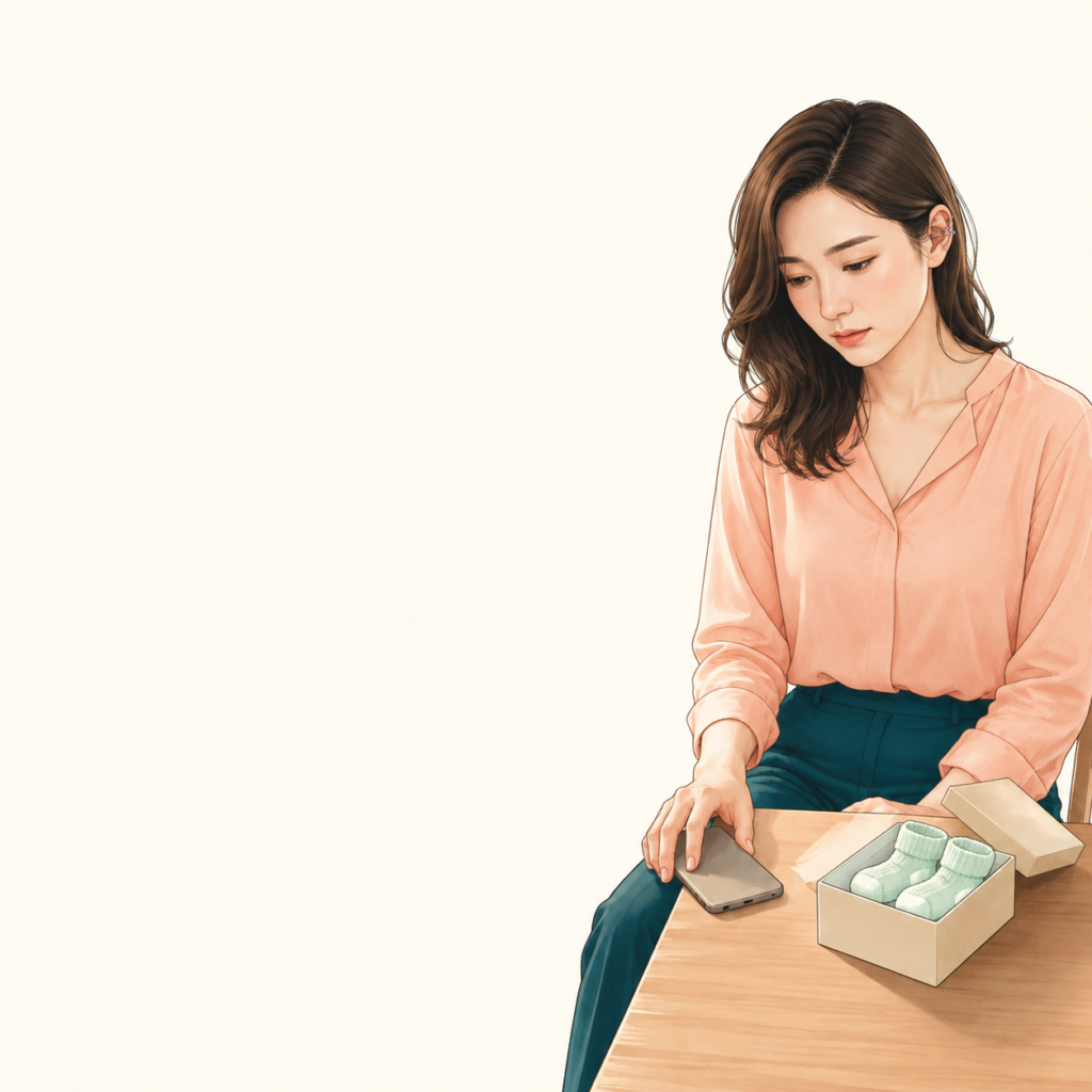 親との電話を終え、贈られたベビー用品を前に孫の催促へ言い返せず黙る30代の成人女性のイメージ