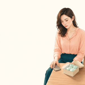 親との電話を終え、贈られたベビー用品を前に孫の催促へ言い返せず黙る30代の成人女性のイメージ