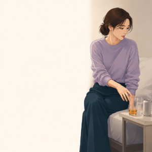 深夜の寝室で眠るための酒を前に、飲むか迷いながらグラスへ手を伸ばす若い成人女性のイメージ