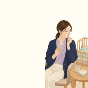 夕方の自宅で赤ちゃんのベッドを見ながら、二人きりの時間に緊張する産後の若い成人女性のイメージ