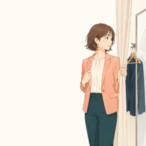 試着室で新しい服を合わせながら体型ばかり気になり、店員を呼べず手を止める若い成人女性のイメージ