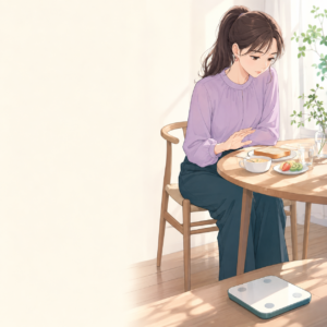 朝食と体重計を前に、体重が増える怖さから食べる手を止める若い成人女性のイメージ